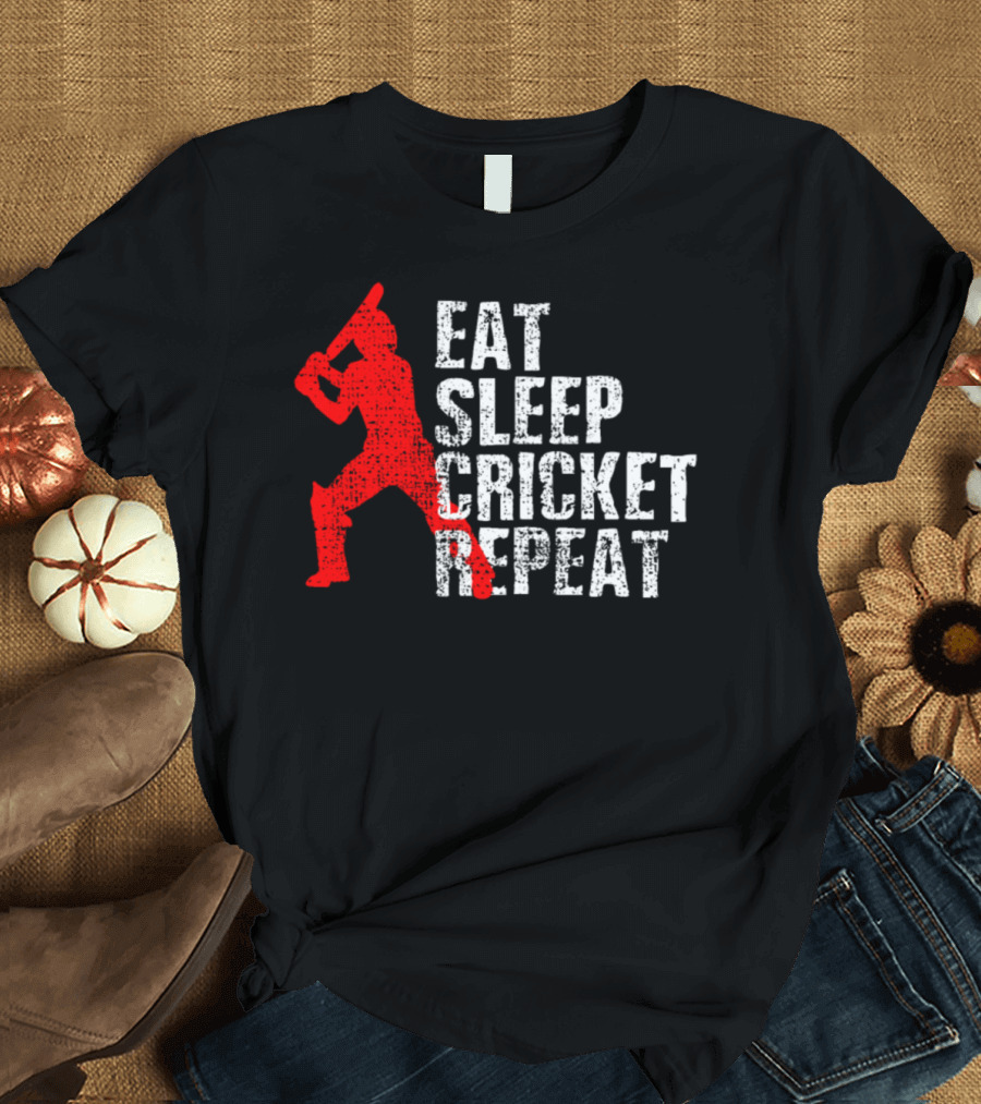 Eat Sleep Cricket Repeat Red Batter T-Shirt
