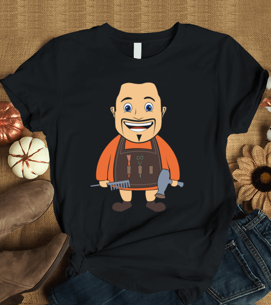 Barber Hair Stylist Frisoer Friseur Haarschnitt Cartoon Character with Comb Scissors Hairdryer T-Shirt