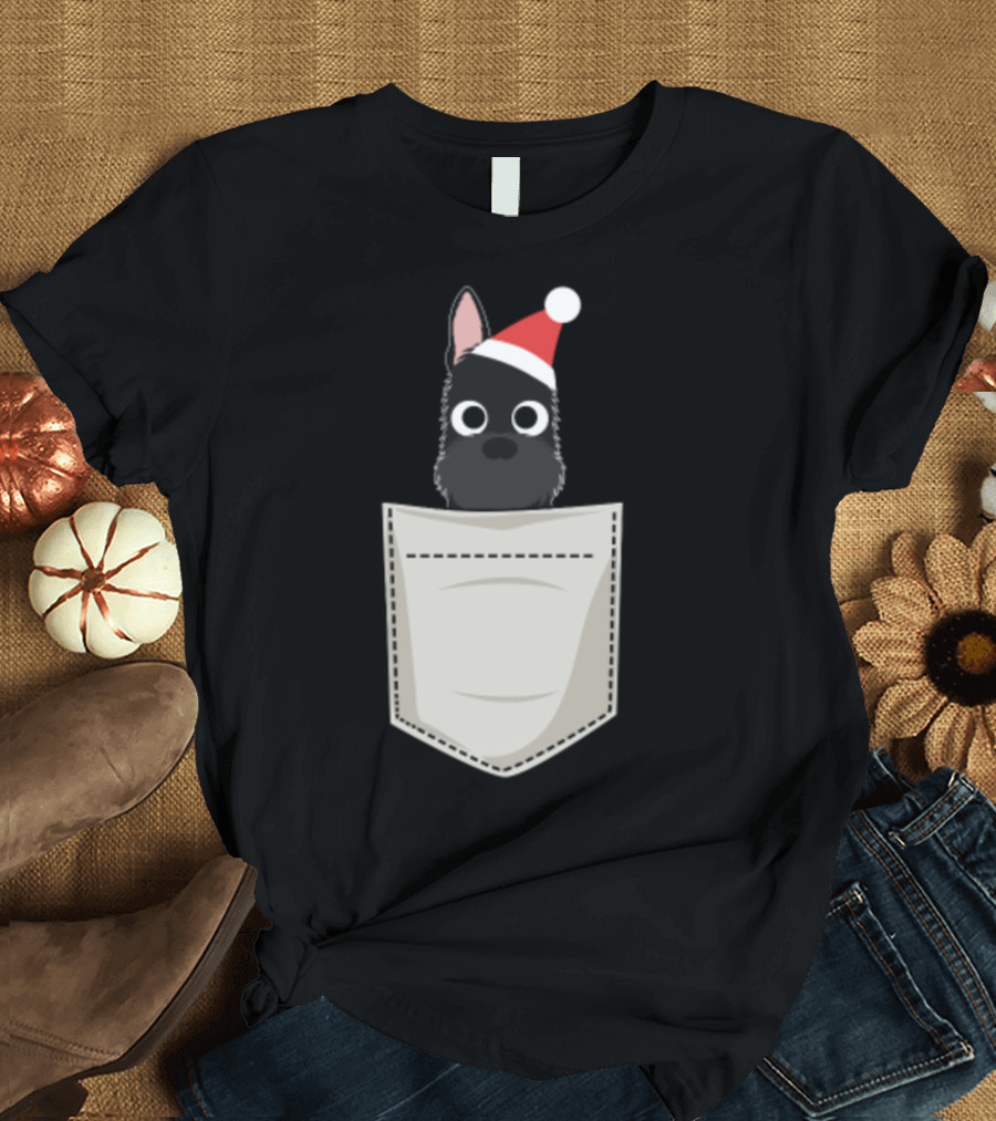 Scottish Terrier with Santa Hat in Pocket T-Shirt