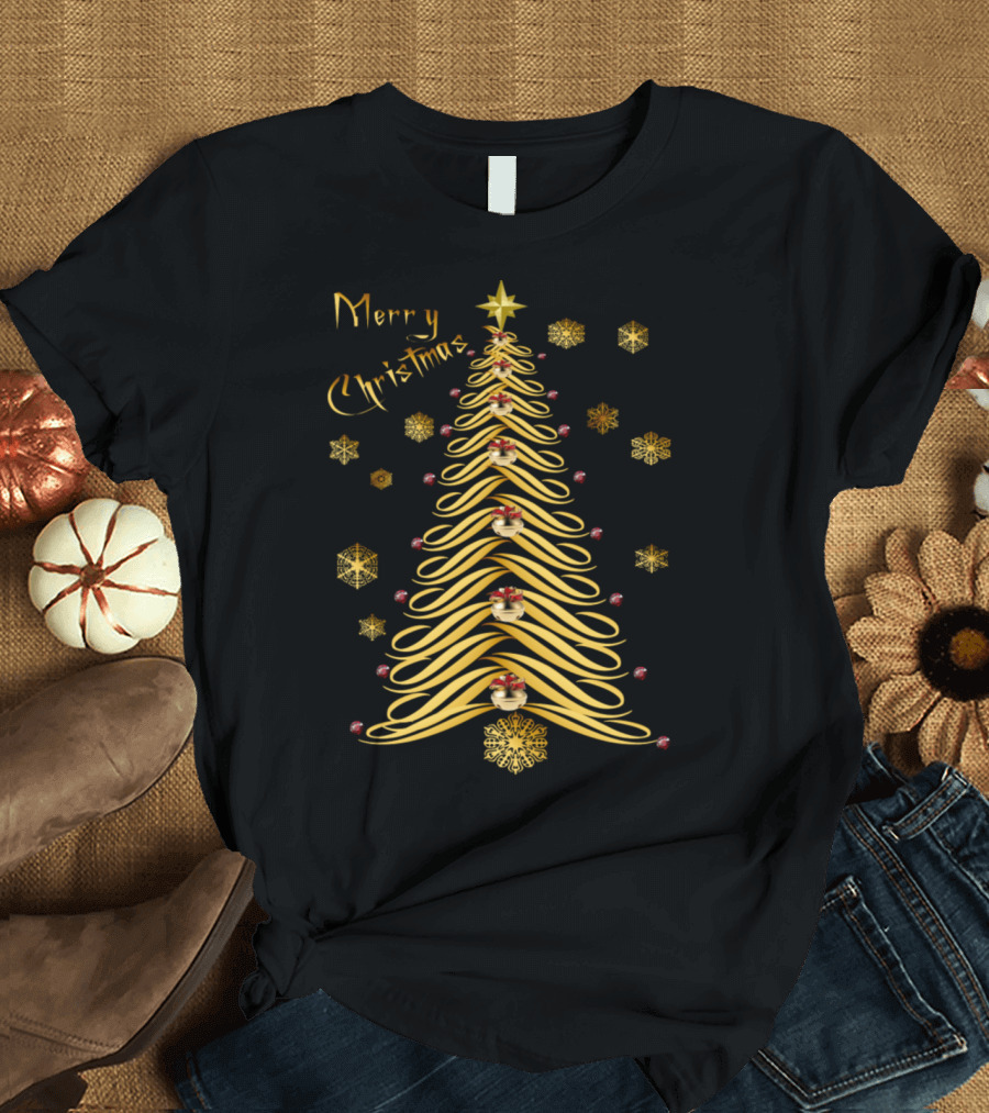 Merry Christmas Golden Ribbon Tree with Decorative Snowflakes T-Shirt