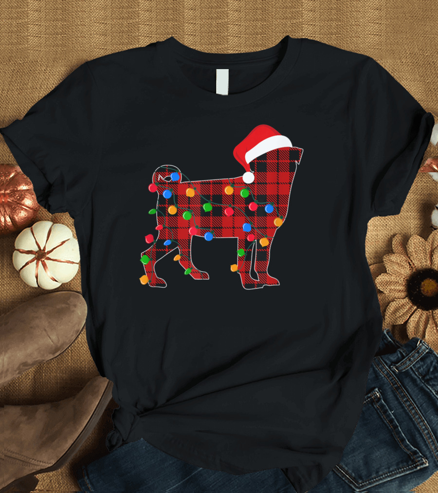 Pug Black and Red Plaid Santa Hat Dog with Christmas Lights T-Shirt