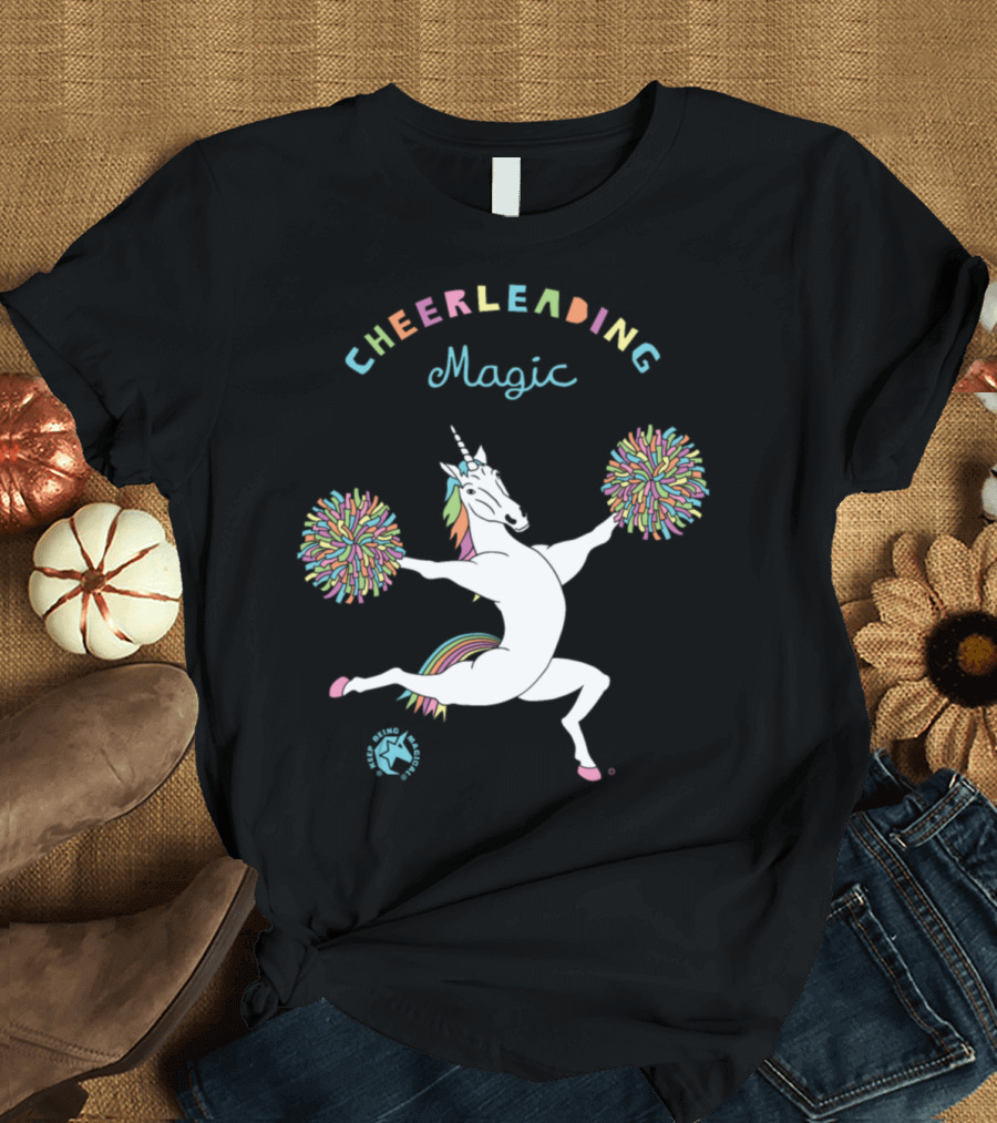 Cheerleading Magic Unicorn with Pom Poms and Rainbow Mane T-Shirt