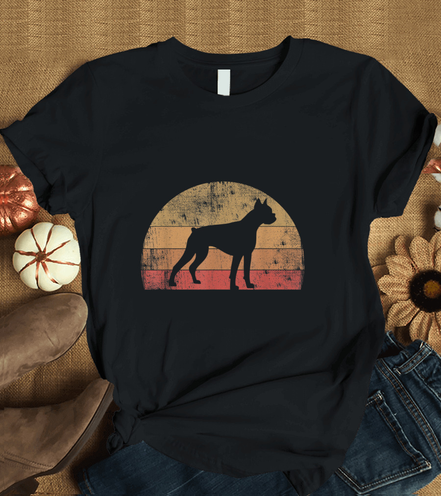 Boxer Dog Owner Retro Vintage 70s 80s Silhouette Striped Sunset T-Shirt