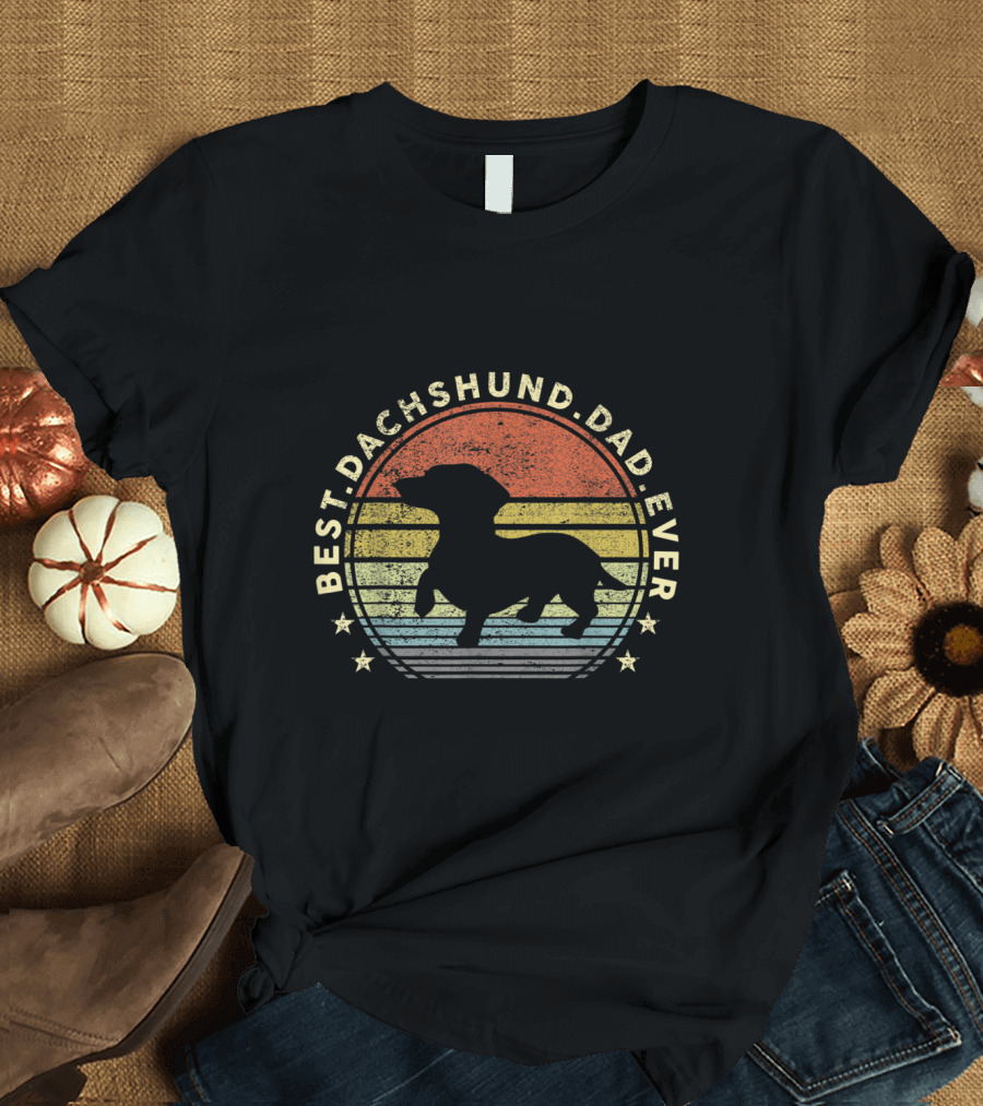 Best Dachshund Dad Ever Retro Rainbow T-Shirt