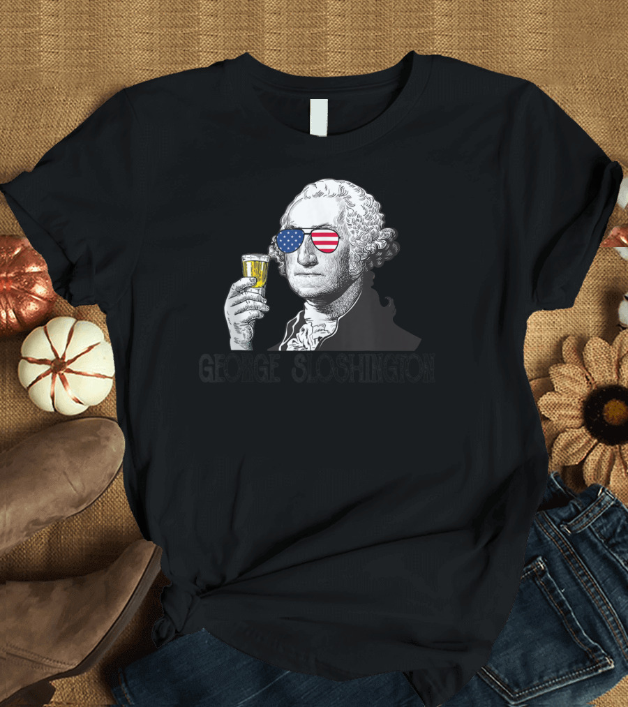 4th of July George Sloshington Aviator American Flag Beer T-Shirt