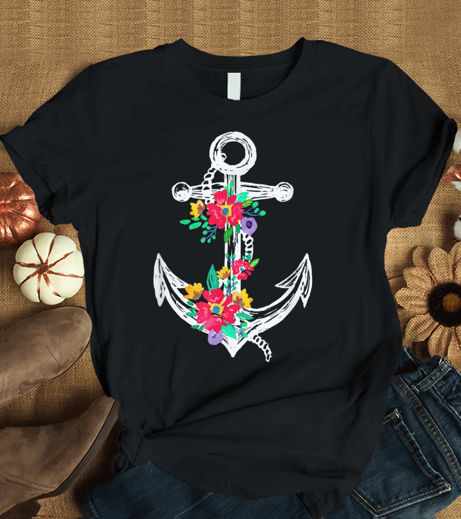 Anchor with Colorful Floral Accents Casual Cute Flowers T-Shirt