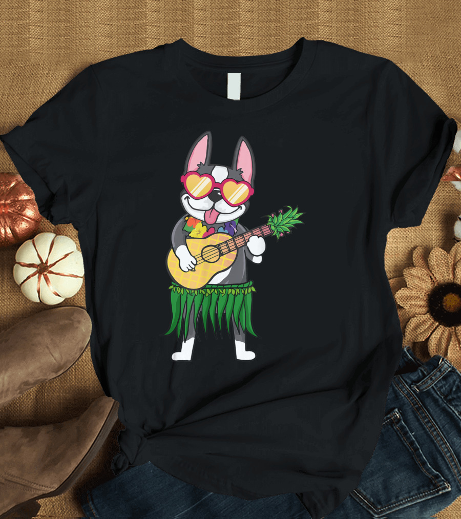 Boston Terrier Hawaiian Costume Ukulele Sunglasses T-Shirt