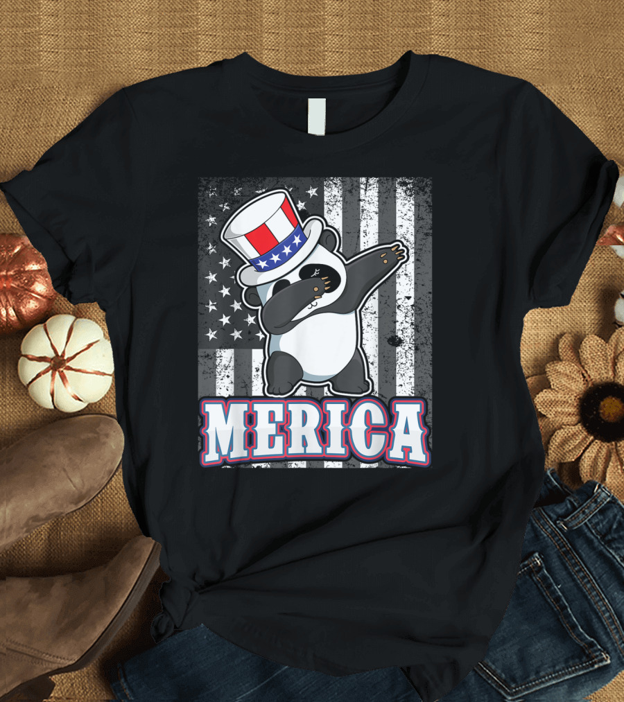 Merica Dabbing Panda Bear with USA Top Hat and Flag Background T-Shirt