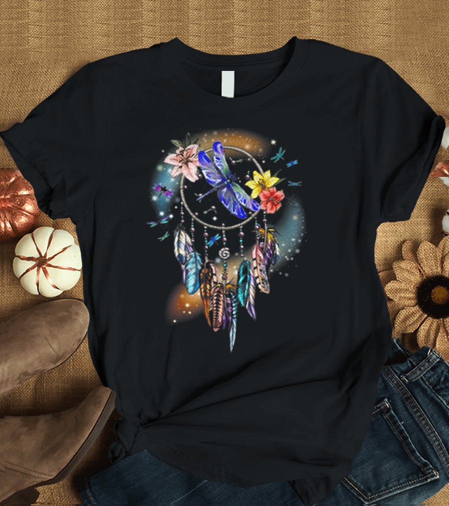 Dreamcatcher Dragonfly Floral Feathers Harmony T-Shirt