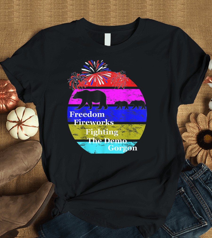 Freedom Fireworks Fighting The Demo Gorgon with Bears and Colorful Stripes T-Shirt