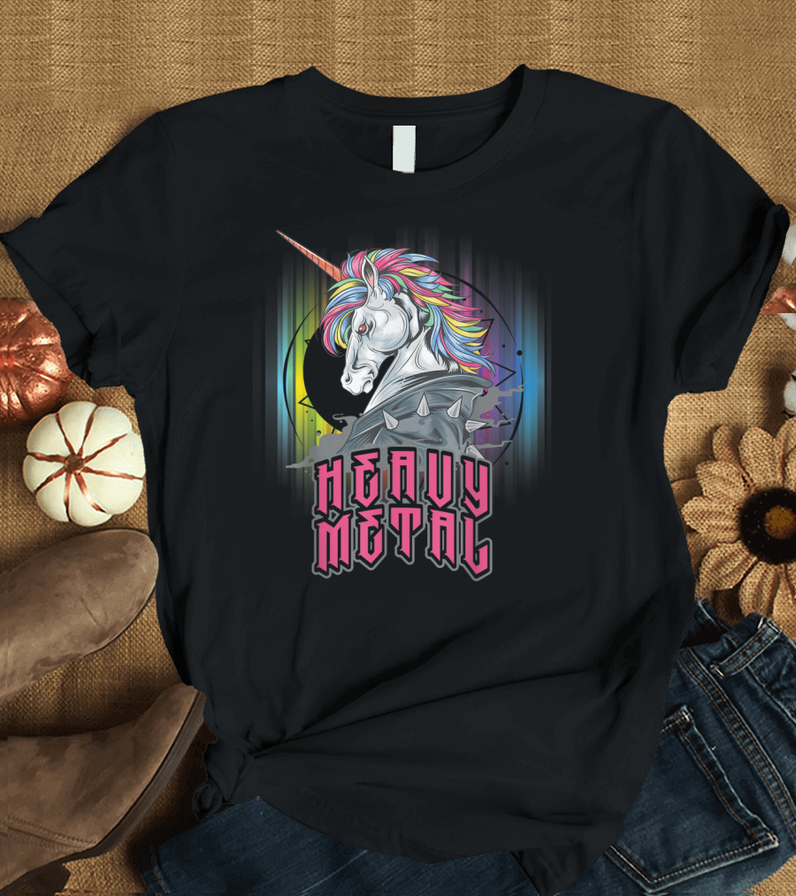 Heavy Metal Unicorn with Colorful Mane and Spiked Jacket T-Shirt