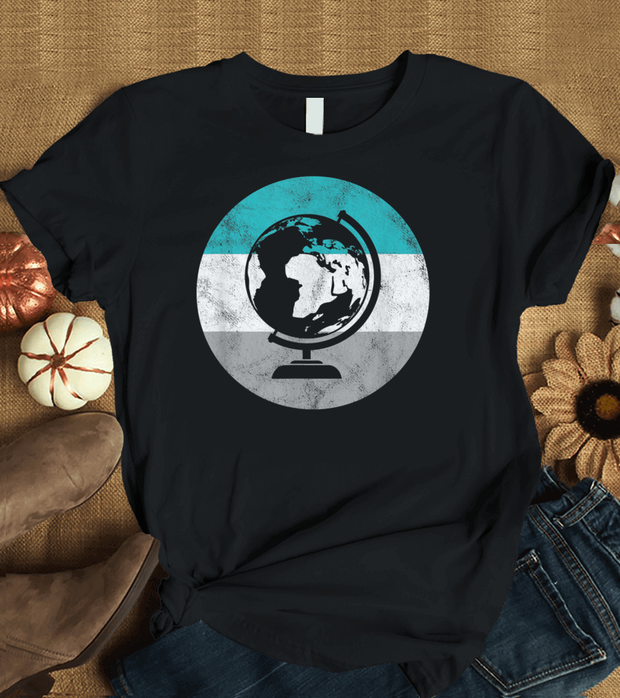 Geography Globe with Teal White Gray Stripes T-Shirt