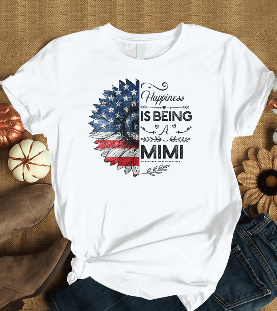 Happiness Is Being A Mimi American Flag Sunflower T-Shirt