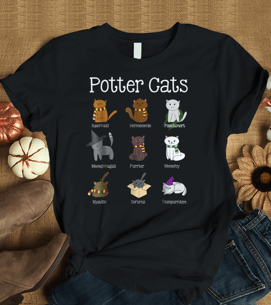 Harry Pawter Rawrnald Hermeownie Pawdamort Meowgonagall Purrter Meowfoy Nyaville Sefurus Dumpurrdore Potter Cats T-Shirt
