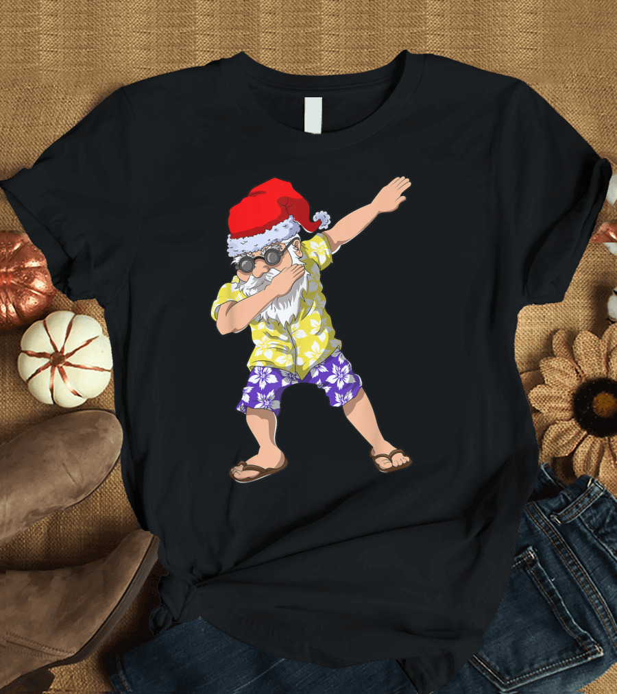 Hawaiian Dabbing Santa in Floral Shirt and Flip-Flops Christmas in July T-Shirt