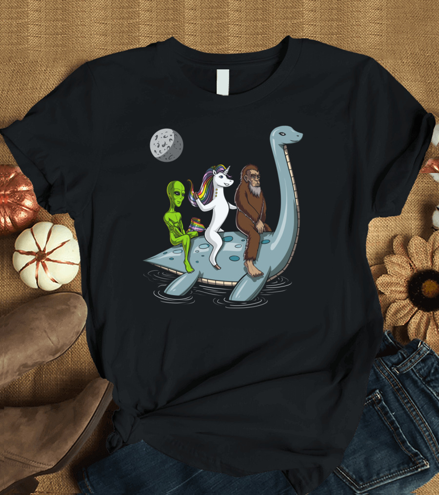 Alien Bigfoot Unicorn Riding Loch Ness Monster Under Moon T-Shirt