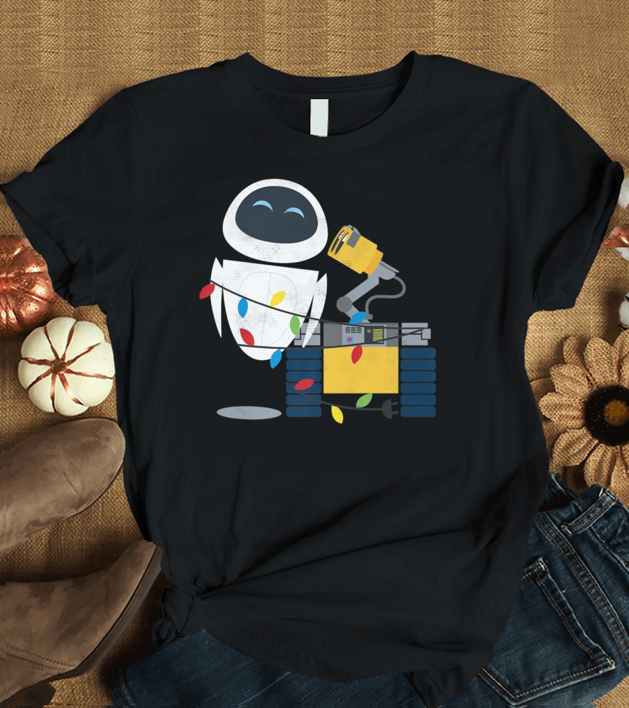Disney Pixar Wall-E and Eve Christmas Lights Wrap Holiday Scene T-Shirt