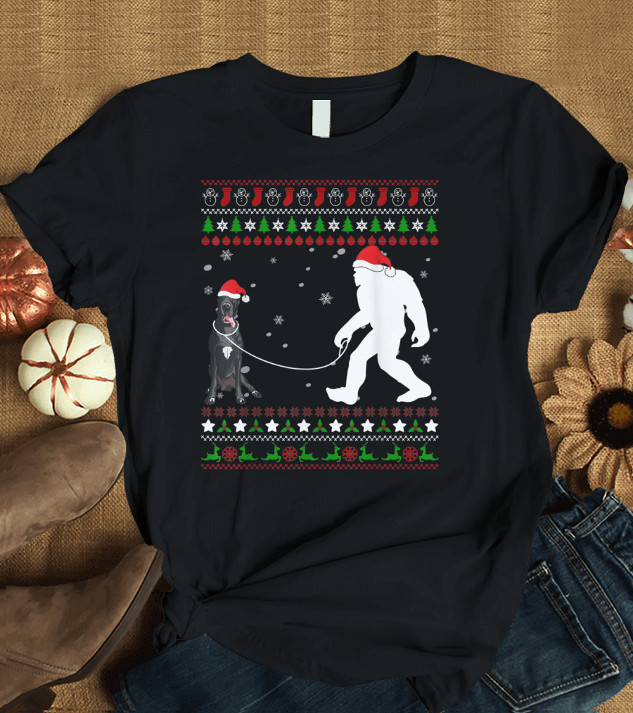 Great Dane with Santa Hat Walking Bigfoot Christmas T-Shirt