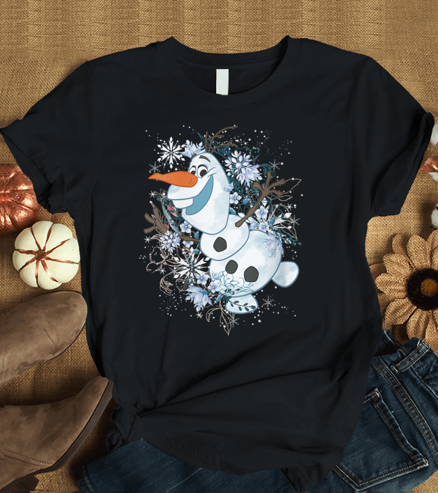 Frozen Olaf Surrounded by Snowflakes and Flowers T-Shirt