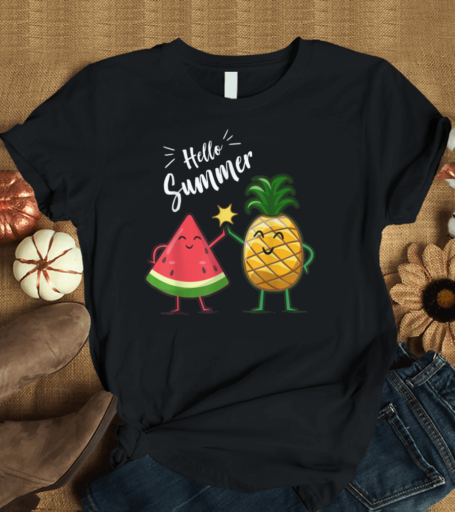 Hello Summer Watermelon Pineapple High-Five Fun T-Shirt