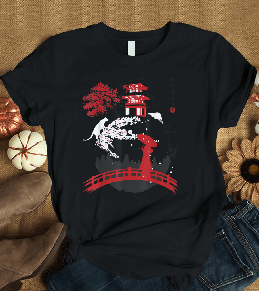 Japan Temple Geisha Cherry Blossom Bridge Pagoda T-Shirt