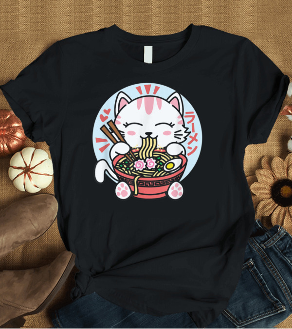 T-Shirt: Kawaii Japanese Cat Eating Ramen Anime T-Shirt Kawaii Japanese Cat Eating Ramen Anime T-Shirt