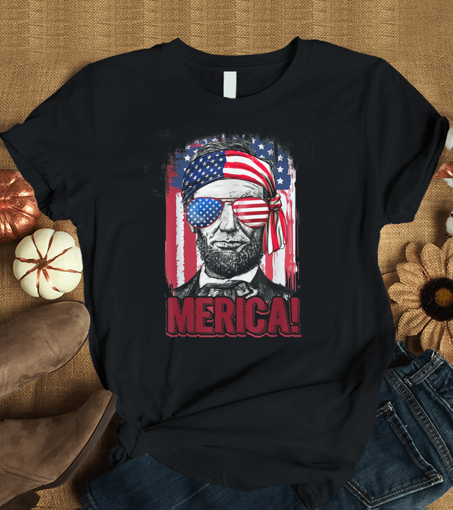'Merica Abraham Lincoln American Flag Bandana and Sunglasses T-Shirt