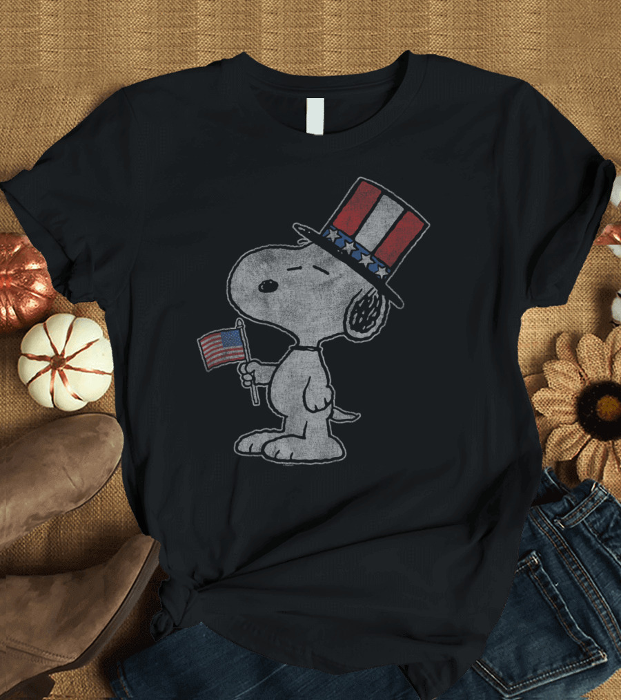 Patriotic Snoopy with American Flag and Top Hat Peanuts T-Shirt