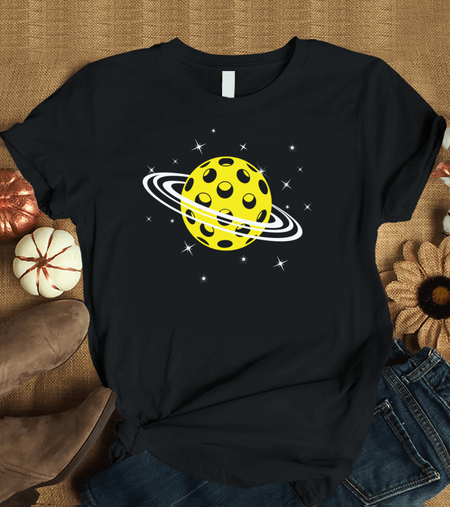 Pickleball Planet Yellow Ball with Rings and Stars T-Shirt