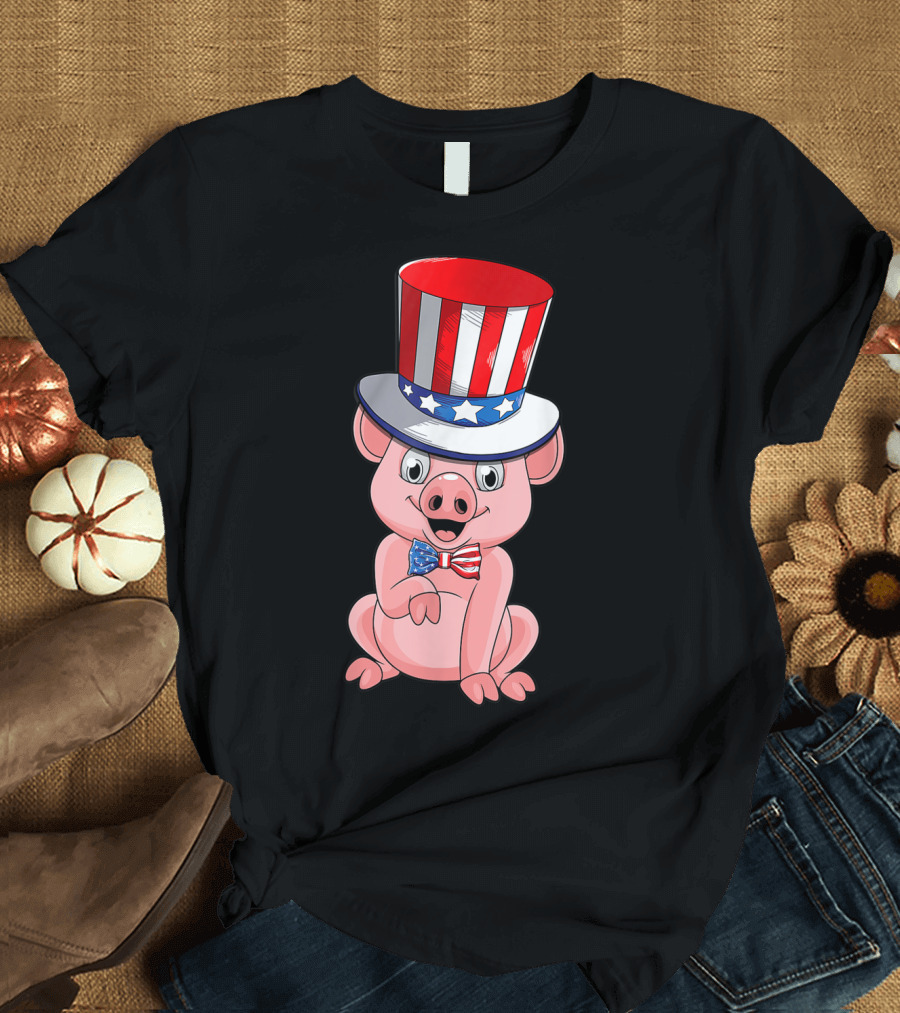 Pig Wearing American Flag Hat and Bowtie for Patriotic 4th of July Celebrations T-Shirt