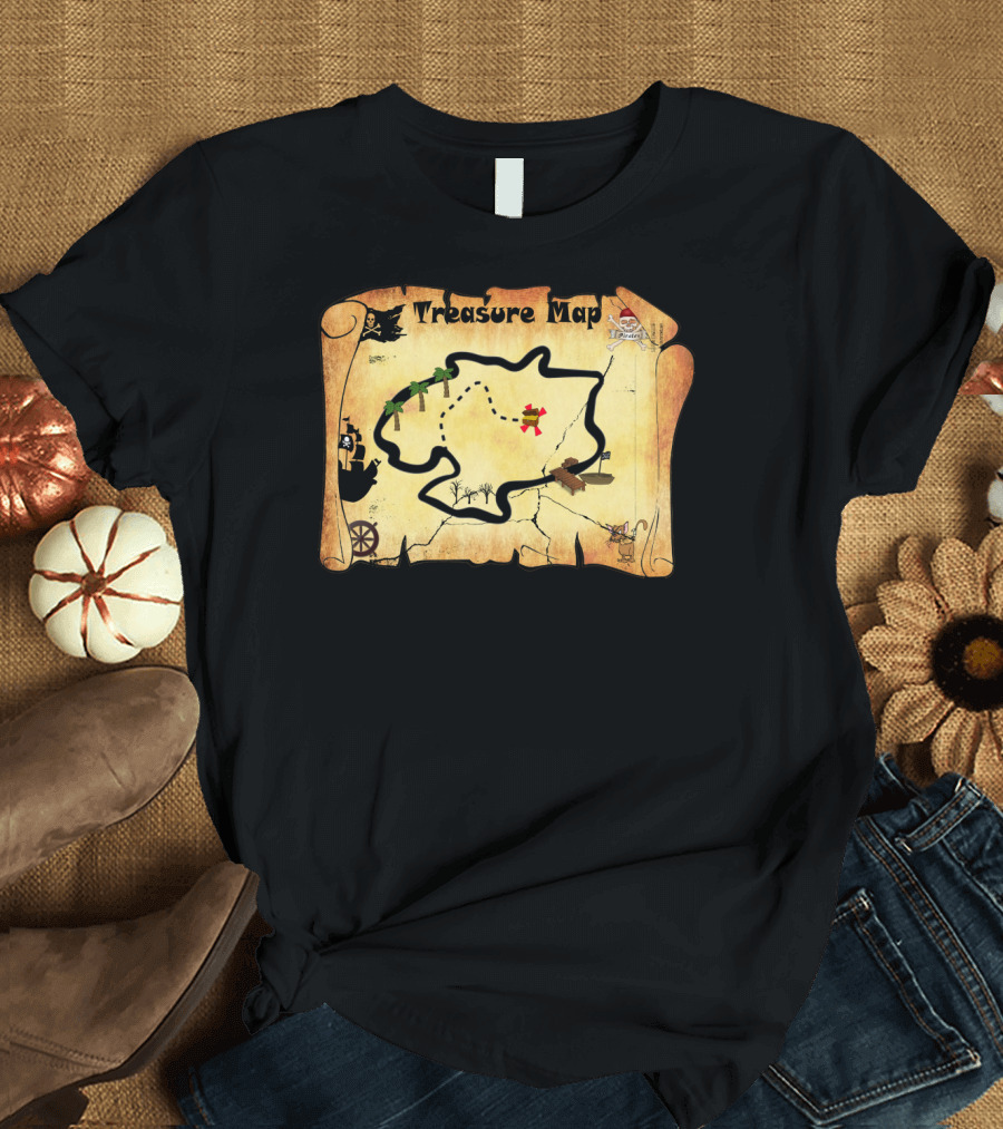 Treasure Map Scroll with Pirate Icons and X Marks the Spot T-Shirt