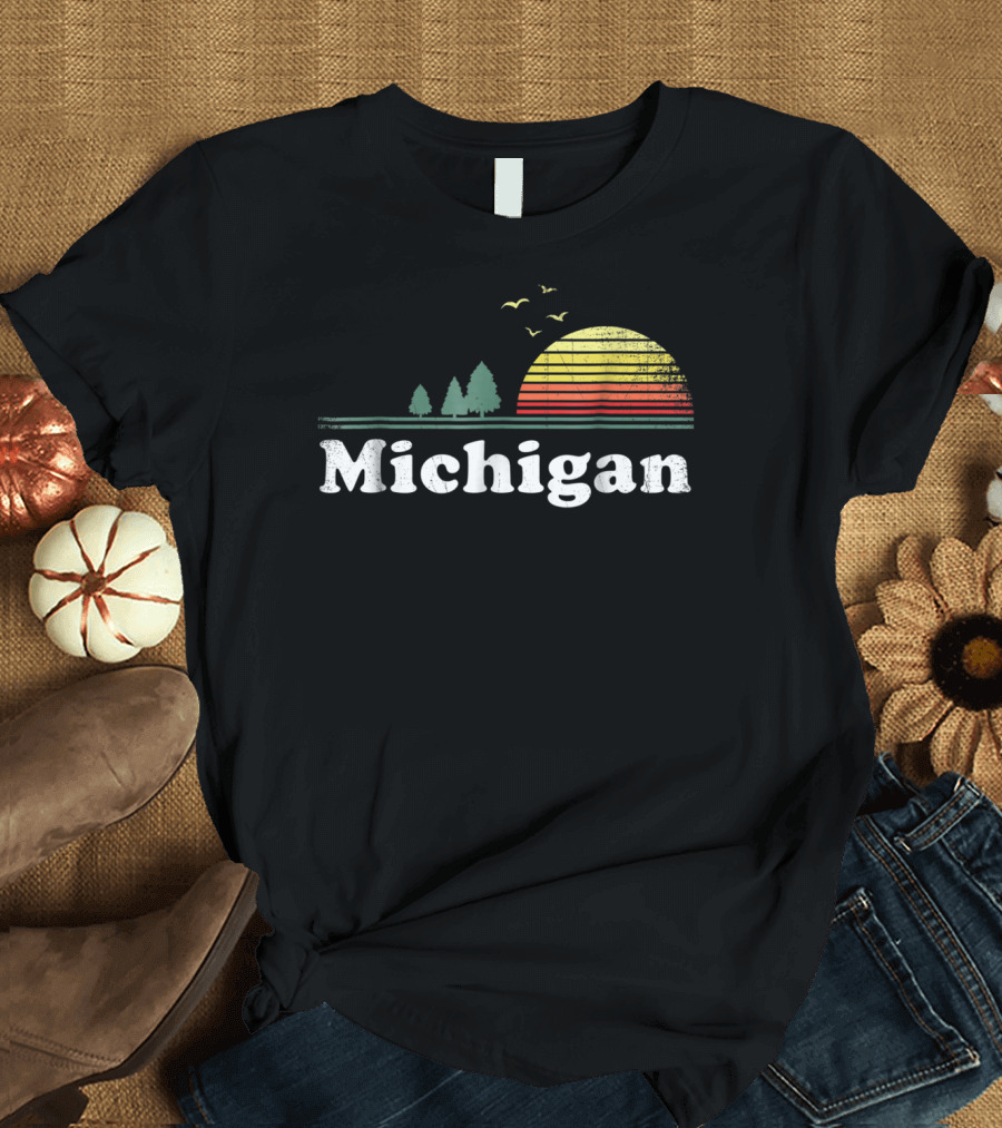 Retro Michigan Sunset Trees Home Mi State T-Shirt