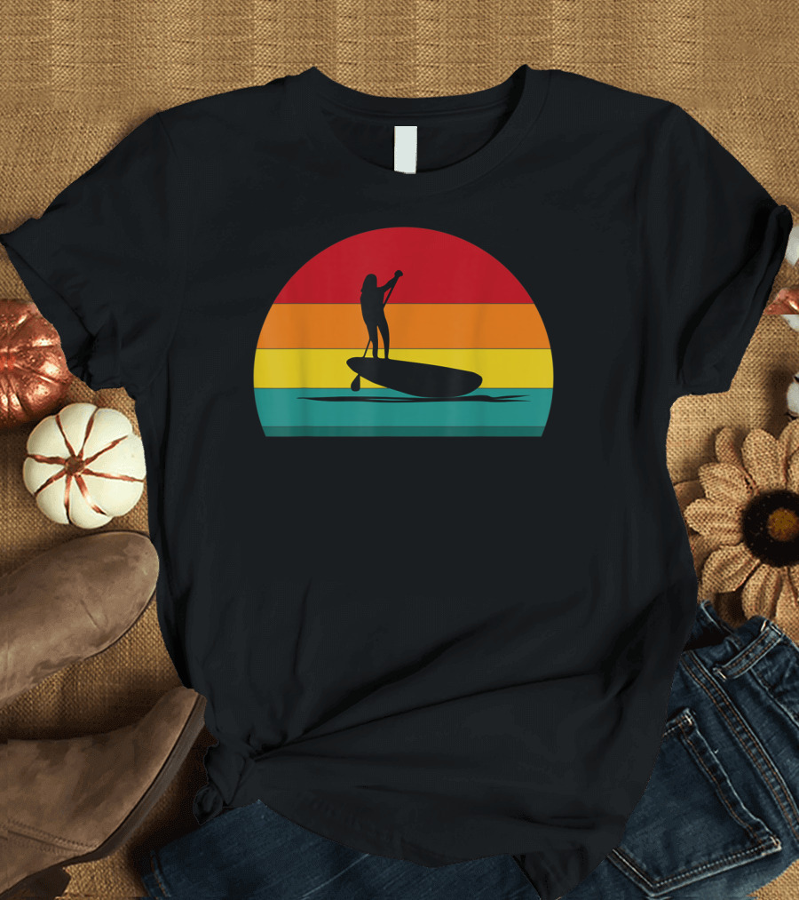 Retro Vintage Style Woman On SUP Stand Up Paddleboarding Sunset T-Shirt
