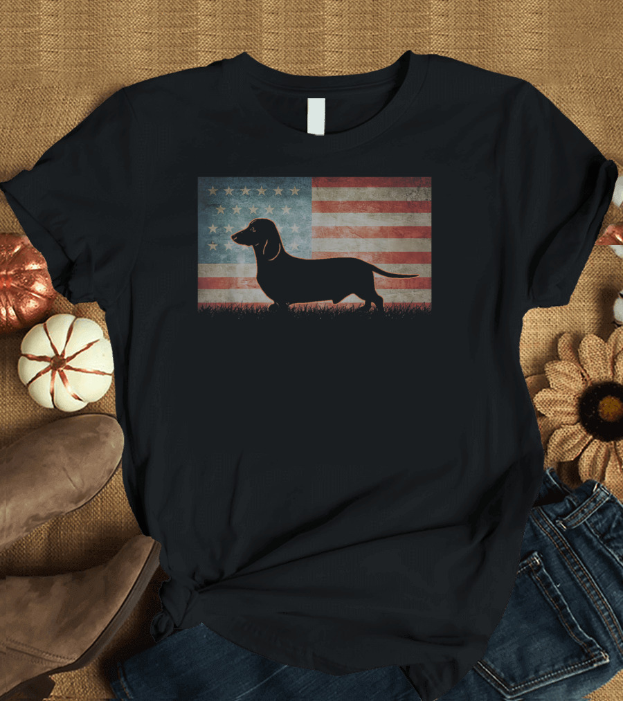 Retro Vintage USA Dachshund Dog Dad Silhouette American Flag Background T-Shirt