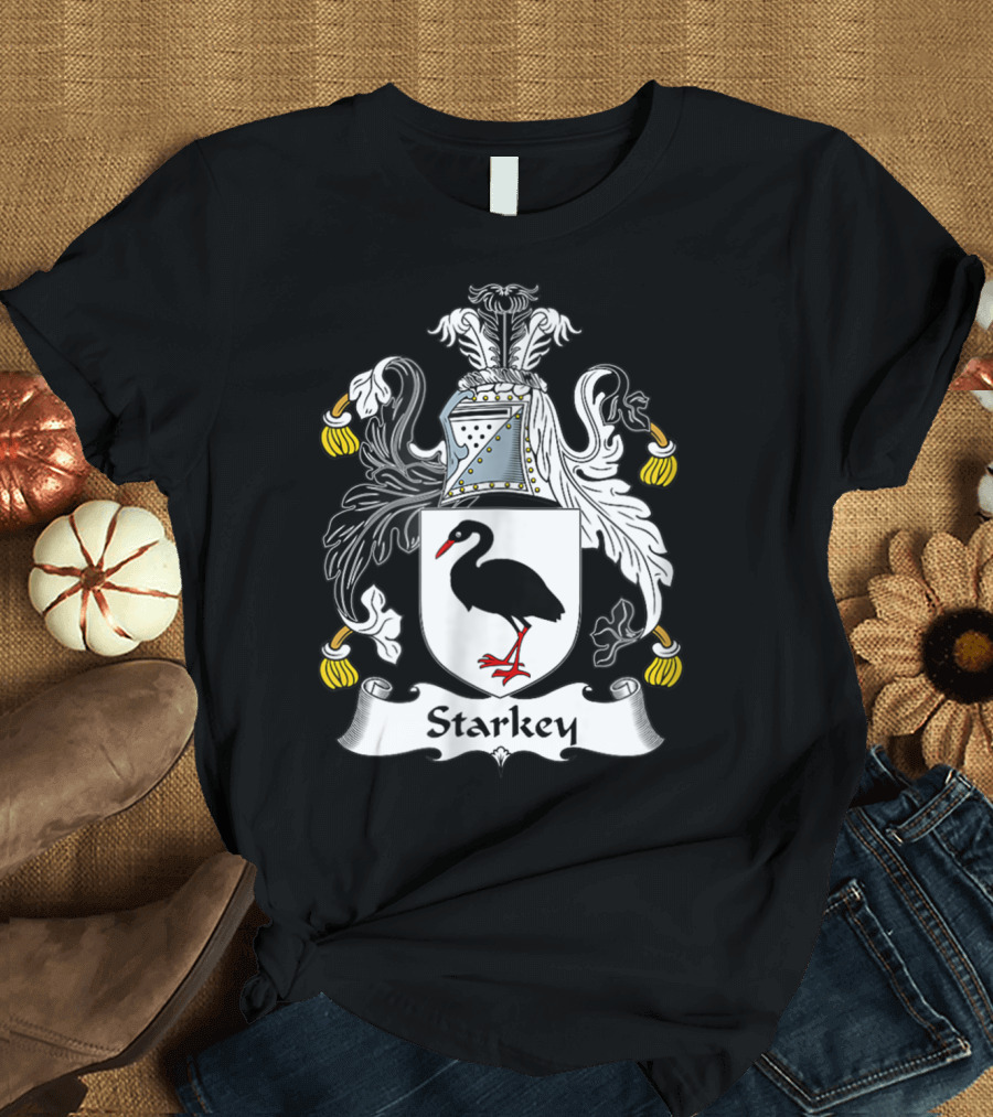 Starkey Coat Of Arms Family Crest Emblem Featuring Black Bird and Ornate Shield T-Shirt