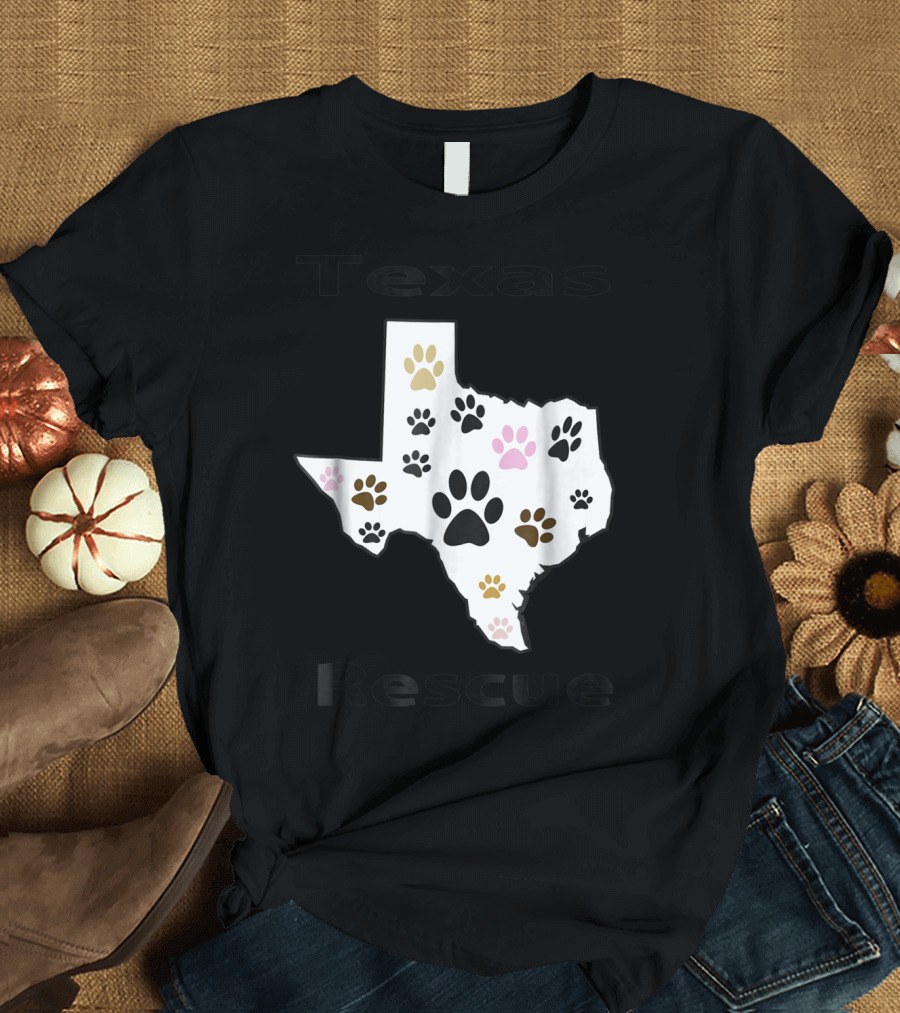 Texas Rescue Map with Multicolored Pet Paw Footprints T-Shirt
