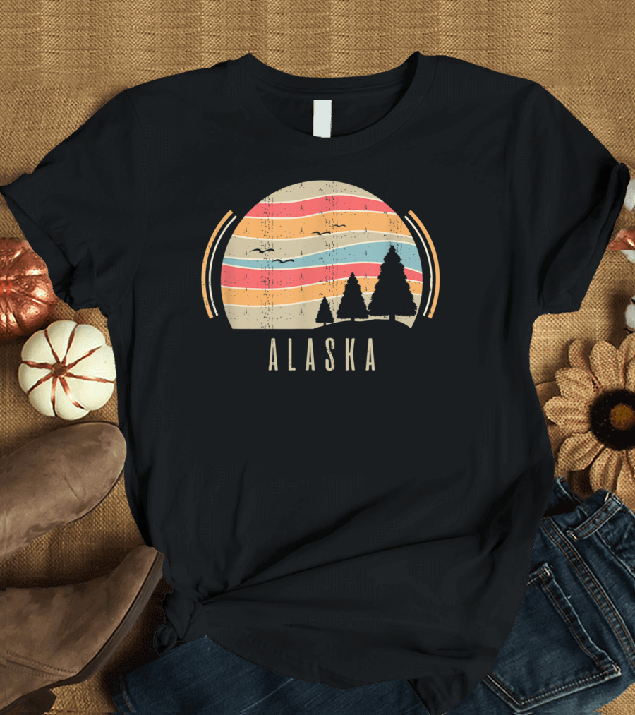 Retro Alaska Home Alaska State Trees Sunset Lines T-Shirt