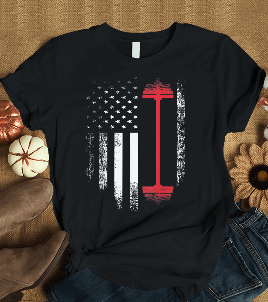 Vintage USA Red White Barbell American Flag Gym T-Shirt