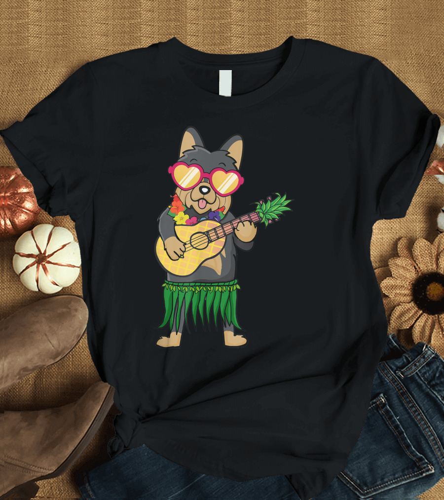 Yorkshire Terrier in Hawaiian Costume with Ukulele and Heart Sunglasses T-Shirt
