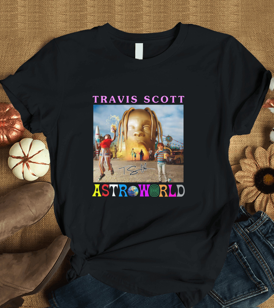 TRAVIS SCOTT ASTROWORLD Album Cover with Iconic Head and Signature T-Shirt