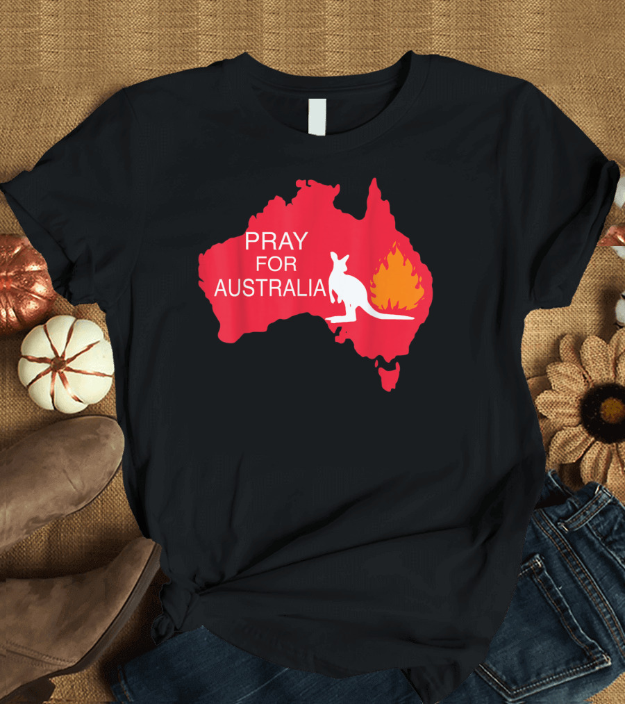 Pray For Australia Kangaroo Silhouette with Fire Symbol on Map T-Shirt