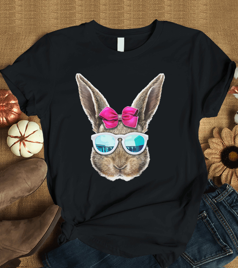 Easter Bunny Rabbit Face with Sunglasses and Bow on Easter Day T-Shirt