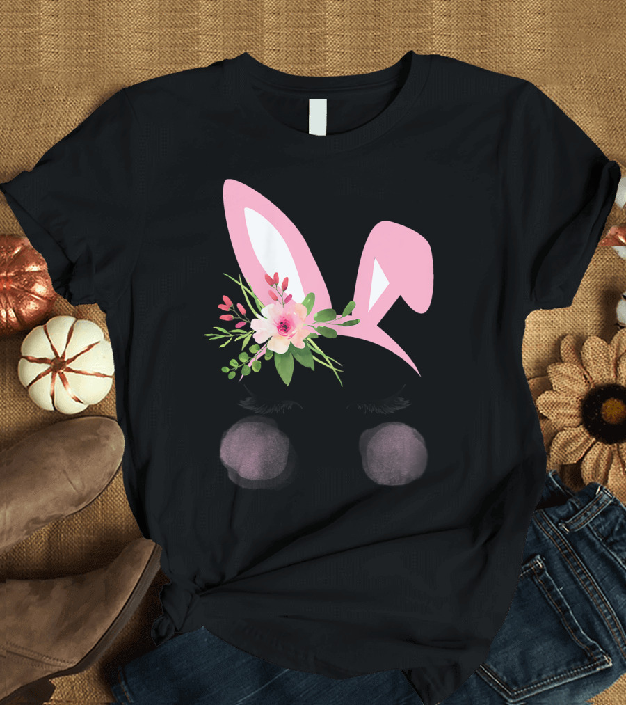 Easter Bunny Pink Flower Headband with Watercolor Floral Accents and Blush Cheeks T-Shirt