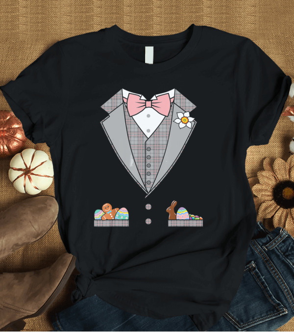 T-Shirt: Easter Tuxedo Pink Bow Tie with Eggs and Chocolate Bunny T-Shirt Easter Tuxedo Pink Bow Tie with Eggs and Chocolate Bunny T-Shirt