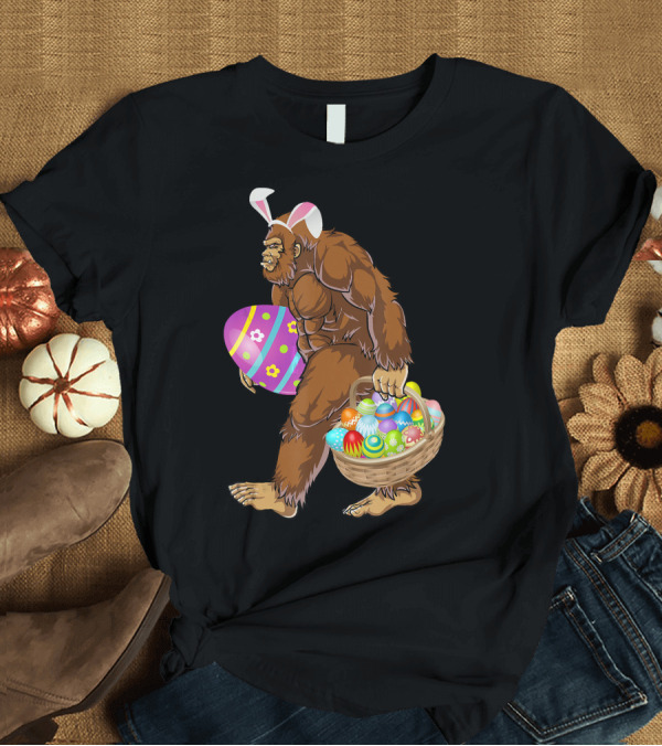 T-Shirt: Bigfoot Easter Bunny Carrying Colorful Eggs Basket T-Shirt Bigfoot Easter Bunny Carrying Colorful Eggs Basket T-Shirt