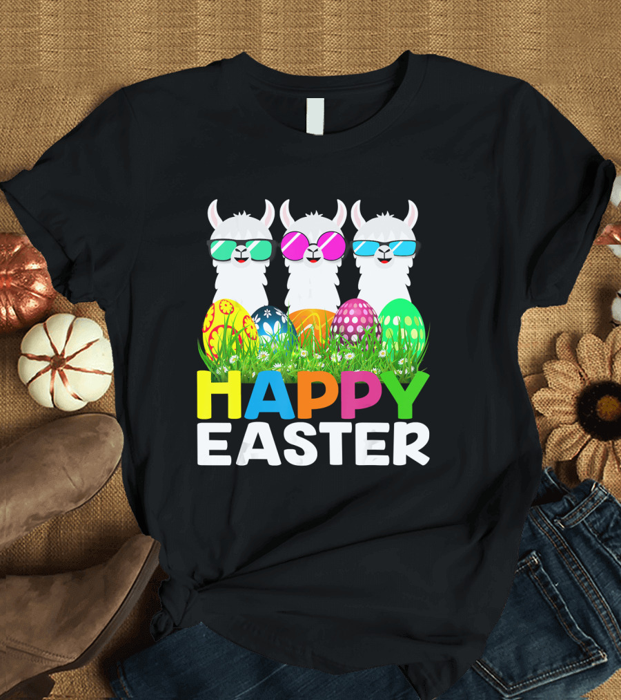 Happy Easter Llama Alpaca with Colorful Easter Eggs T-Shirt
