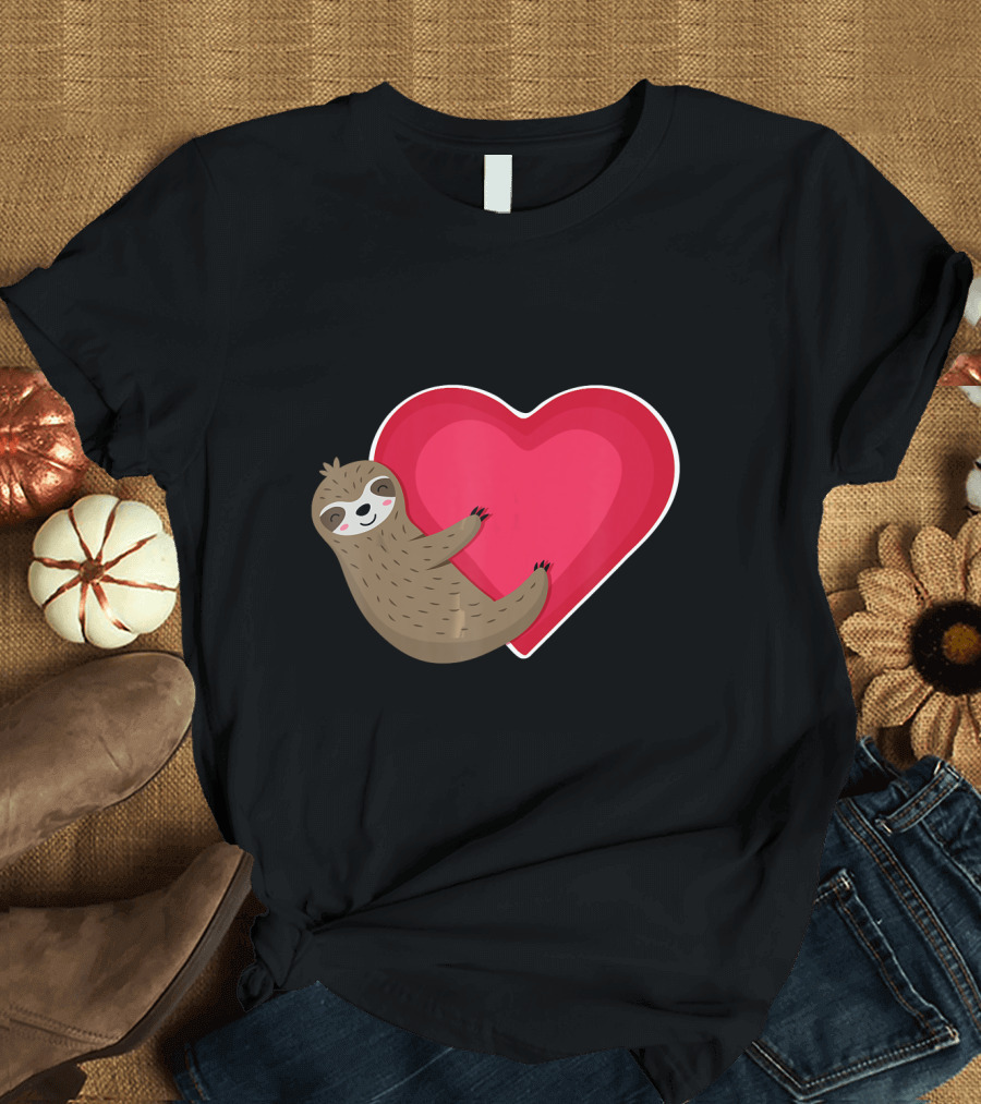 Cute Sloth Hugging Red Heart Valentines Day T-Shirt