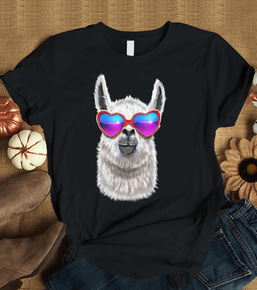 Llama Lover Valentine's Day Heart Sunglasses T-Shirt