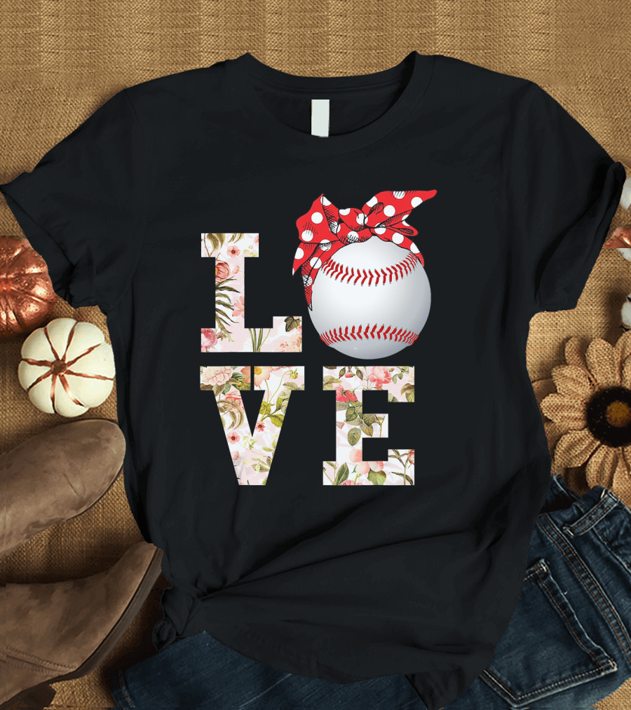Love Baseball Floral Pattern with Polka Dot Bow T-Shirt