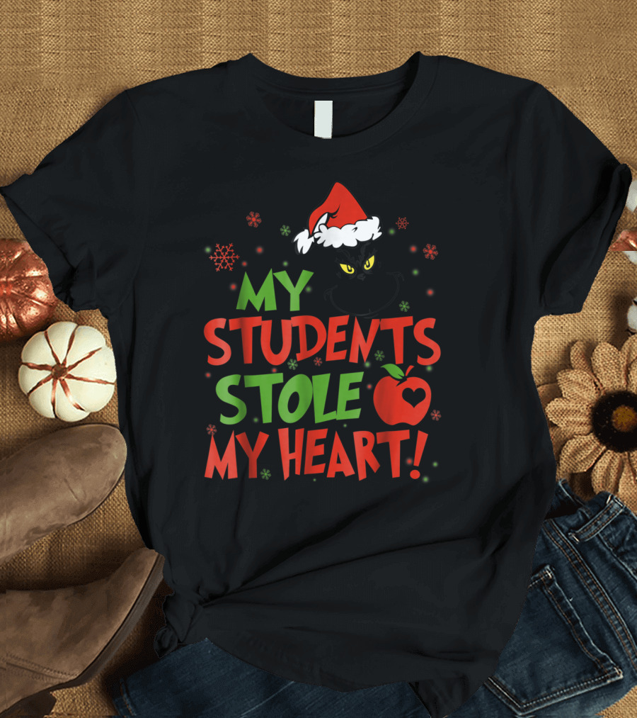 Christmas My Students Stole My Heart Grinch Santa Hat Snowflakes Apple T-Shirt